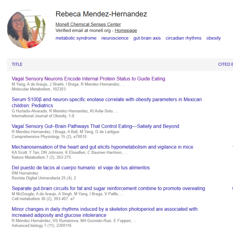 Captura de pantalla de la página de Google Scholar de Rebeca